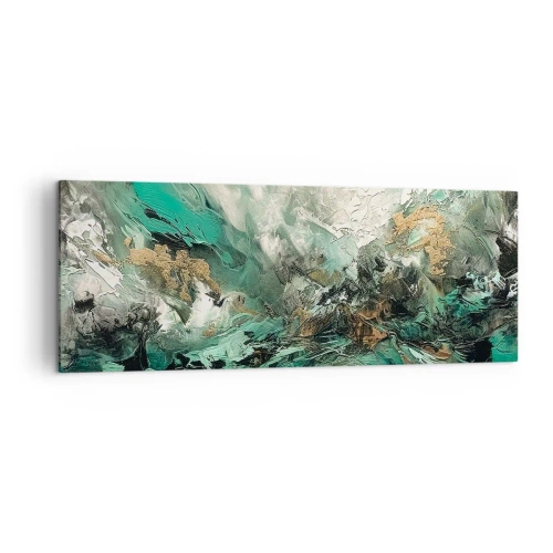 Bild auf Leinwand - Leinwandbild - Abstrakte Landschaft in Grün- und Goldtönen - 140x50cm - Smaragdgrüne und schwarze Brandung - Moderne Wanddekoration für Wohnzimmer und Schlafzimmer ARTTOR