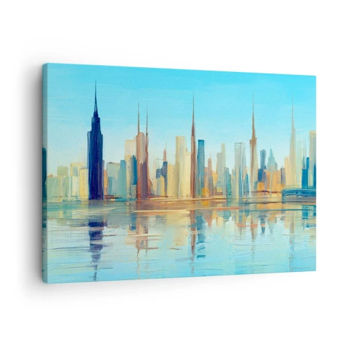 Bild auf Leinwand - Leinwandbild - Ein Panorama der Stadt in warmen Farben mit Spiegelung im Wasser - 70x50cm - Sonnige Metropole - Moderne Wanddekoration für Wohnzimmer und Schlafzimmer ARTTOR