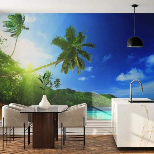 Fototapete Premium Sand - Ein exotischer Strand mit Palmen und türkisfarbenem Meer - 100x70cm - Die sanfte Berührung der Tropen - Moderne Wanddekoration für Wohnzimmer und Schlafzimmer ARTTOR