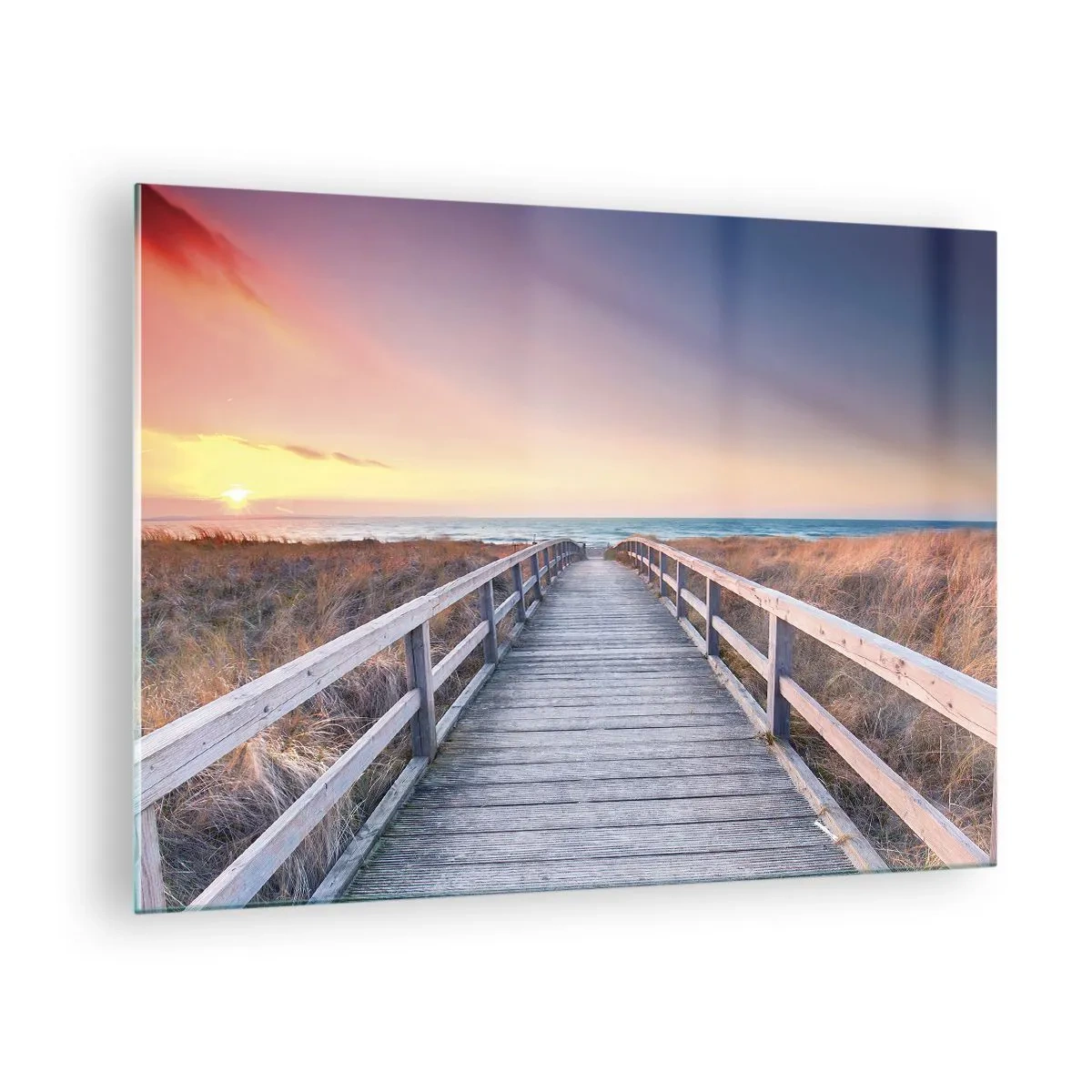 Glasbild - Bild auf glas - Holzsteg zum Strand bei Sonnenuntergang - 70x50cm - Baltische Abend-Aurora - Moderne Wanddekoration für Wohnzimmer und Schlafzimmer ARTTOR