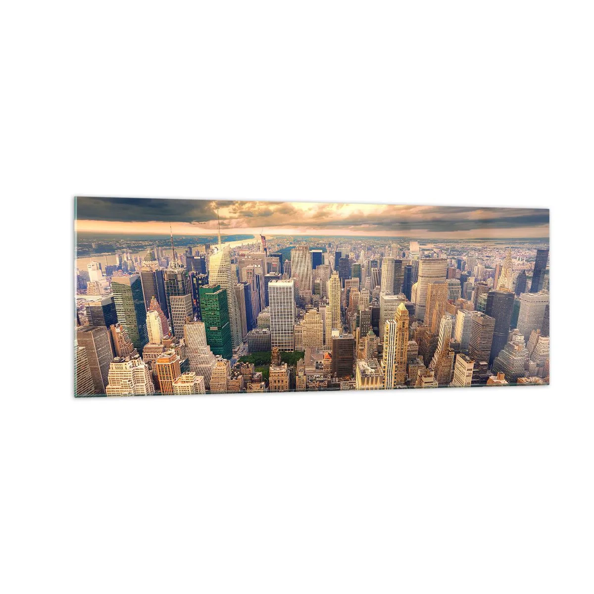 Glasbild - Bild auf glas - Stadtpanorama mit Blick auf Wolkenkratzer bei Sonnenuntergang - 140x50cm - Vergoldete Metropole - Moderne Wanddekoration für Wohnzimmer und Schlafzimmer ARTTOR