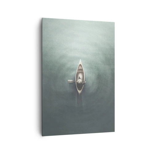 Bild auf Leinwand - Leinwandbild - Ein einsames Boot auf ruhigem Wasser in minimalistischer Umgebung - 70x100cm - Durch den Mondsee - Moderne Wanddekoration für Wohnzimmer und Schlafzimmer ARTTOR