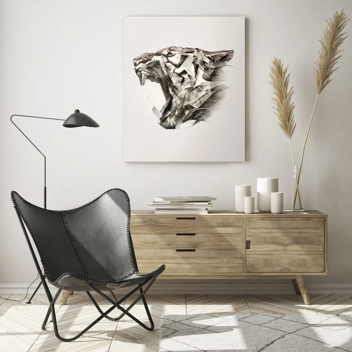Glasbild - Bild auf glas - Geometrische Darstellung eines brüllenden Tigers auf hellem Hintergrund - 50x70cm - Du weißt schon wer das Sagen hat - Moderne Wanddekoration für Wohnzimmer und Schlafzimmer ARTTOR