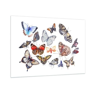 Glasbild - Bild auf glas - Bunte Schmetterlinge in einer künstlerischen Komposition - 100x70cm - Spitzen, bunter Schwarm - Moderne Wanddekoration für Wohnzimmer und Schlafzimmer ARTTOR