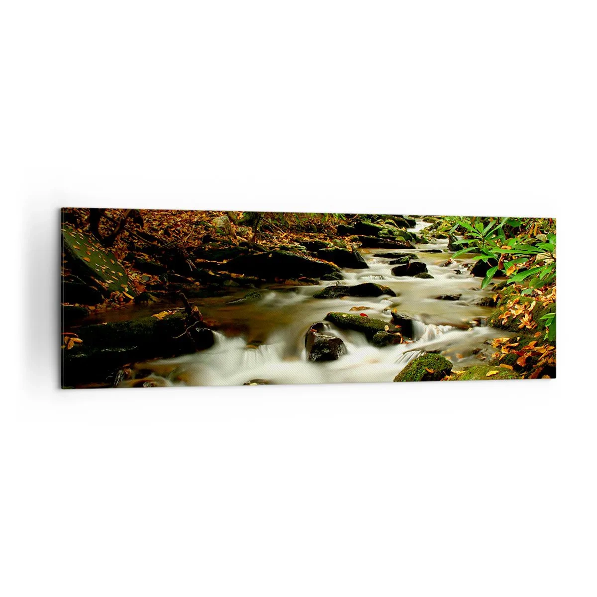 Bild auf Leinwand - Leinwandbild - Ein Waldbach, der zwischen Steinen fließt, umgeben von Grün - 160x50cm - Wie flüssiges Silber - Moderne Wanddekoration für Wohnzimmer und Schlafzimmer ARTTOR