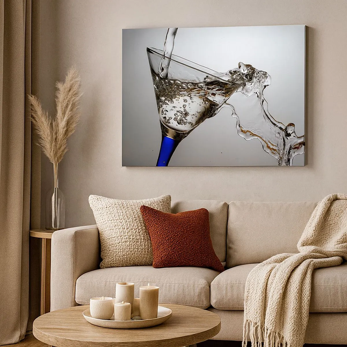 Bild auf Leinwand - Leinwandbild - Ein Glas Wasser in Bewegung auf hellem Hintergrund - 70x50cm - Kristallwasser in Kristallglas - Moderne Wanddekoration für Wohnzimmer und Schlafzimmer ARTTOR