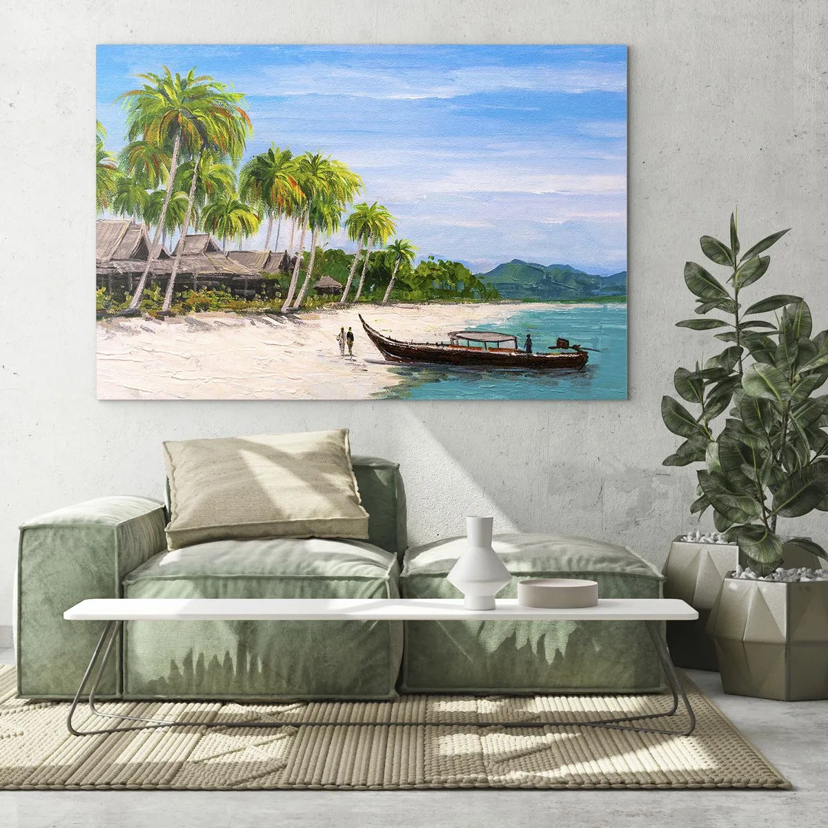 Glasbild - Bild auf glas - Tropischer Strand mit einem Boot und Palmen neben traditionellen Hütten - 70x50cm - Exotischer Traum - Moderne Wanddekoration für Wohnzimmer und Schlafzimmer ARTTOR