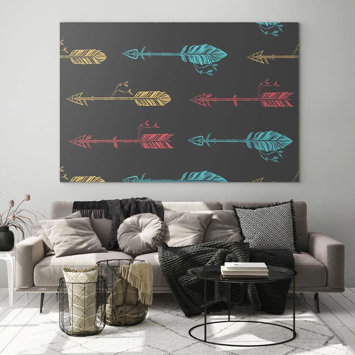 Glasbild - Bild auf glas - Bunte Pfeile auf dunklem Hintergrund in einem grafischen Layout - 70x50cm - In der Verordnung - Moderne Wanddekoration für Wohnzimmer und Schlafzimmer ARTTOR