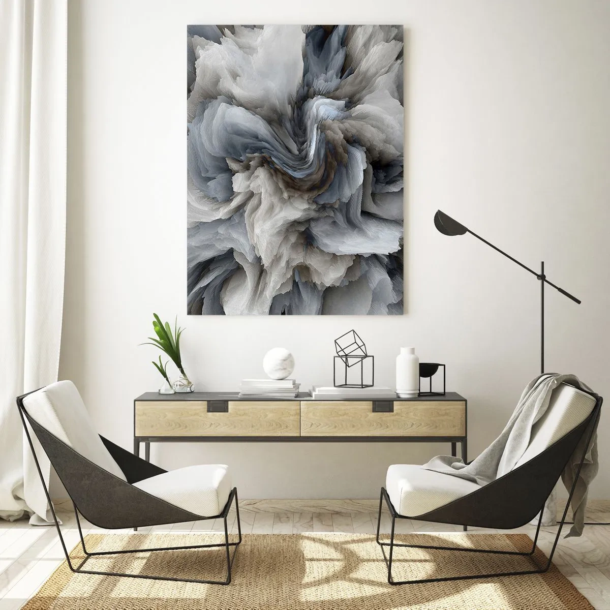 Glasbild - Bild auf glas - Eine abstrakte Komposition, die wirbelnden Federn ähnelt - 50x70cm - Stein und Blume - Moderne Wanddekoration für Wohnzimmer und Schlafzimmer ARTTOR
