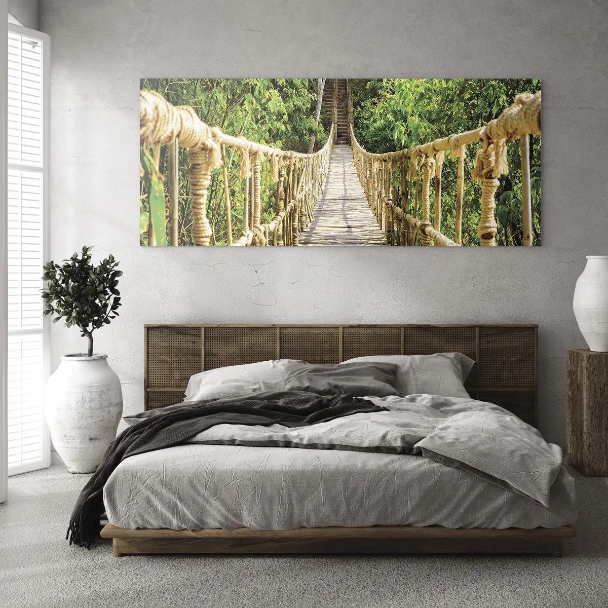 Glasbild - Bild auf glas - Eine Hängebrücke in einem tropischen Wald voller Grün - 160x50cm - Im Grünen ausgesetzt - Moderne Wanddekoration für Wohnzimmer und Schlafzimmer ARTTOR