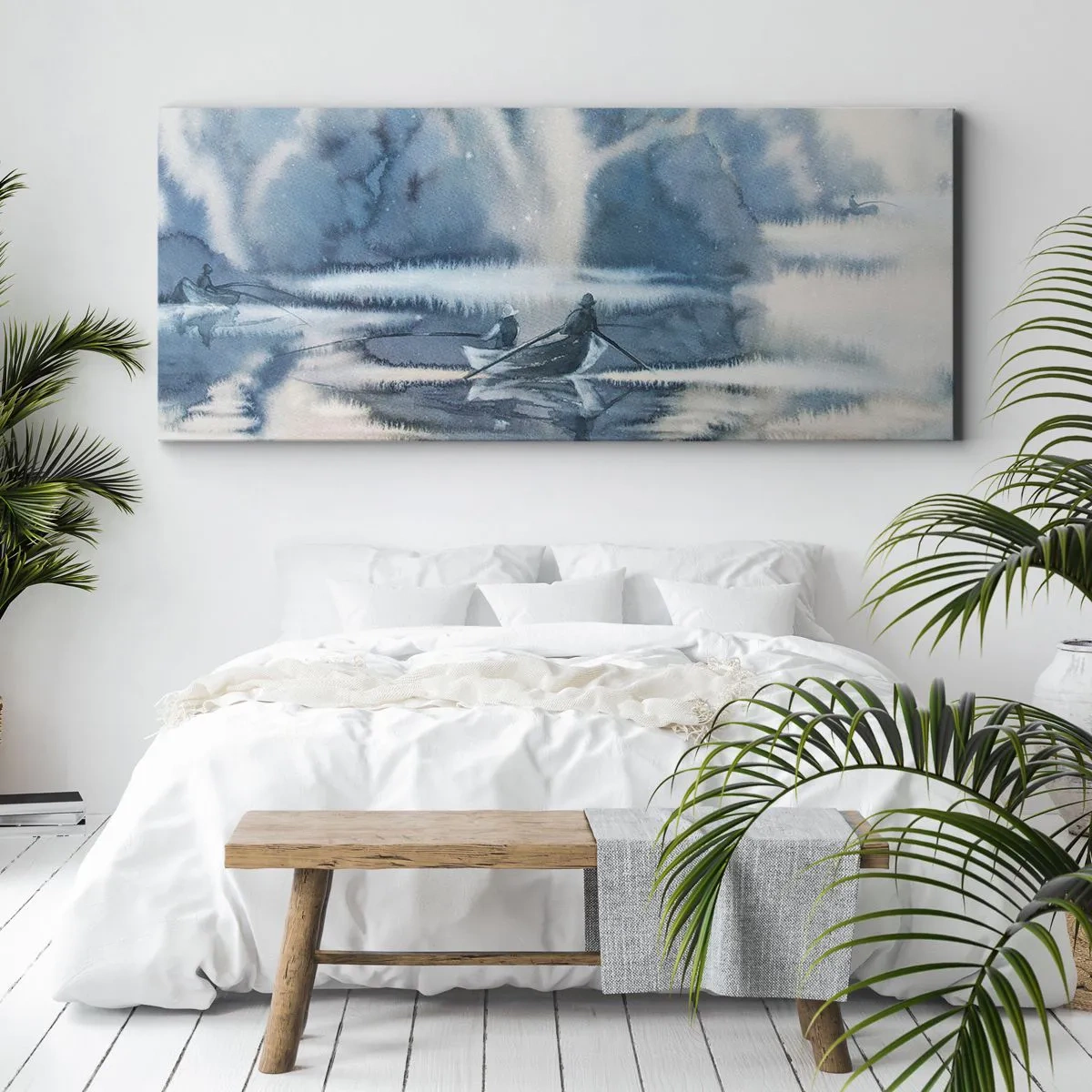 Bild auf Leinwand - Leinwandbild - Aquarelllandschaft mit Booten auf einem See, umgeben von einem nebligen Wald - 160x50cm - Angler in ihrem Paradies - Moderne Wanddekoration für Wohnzimmer und Schlafzimmer ARTTOR