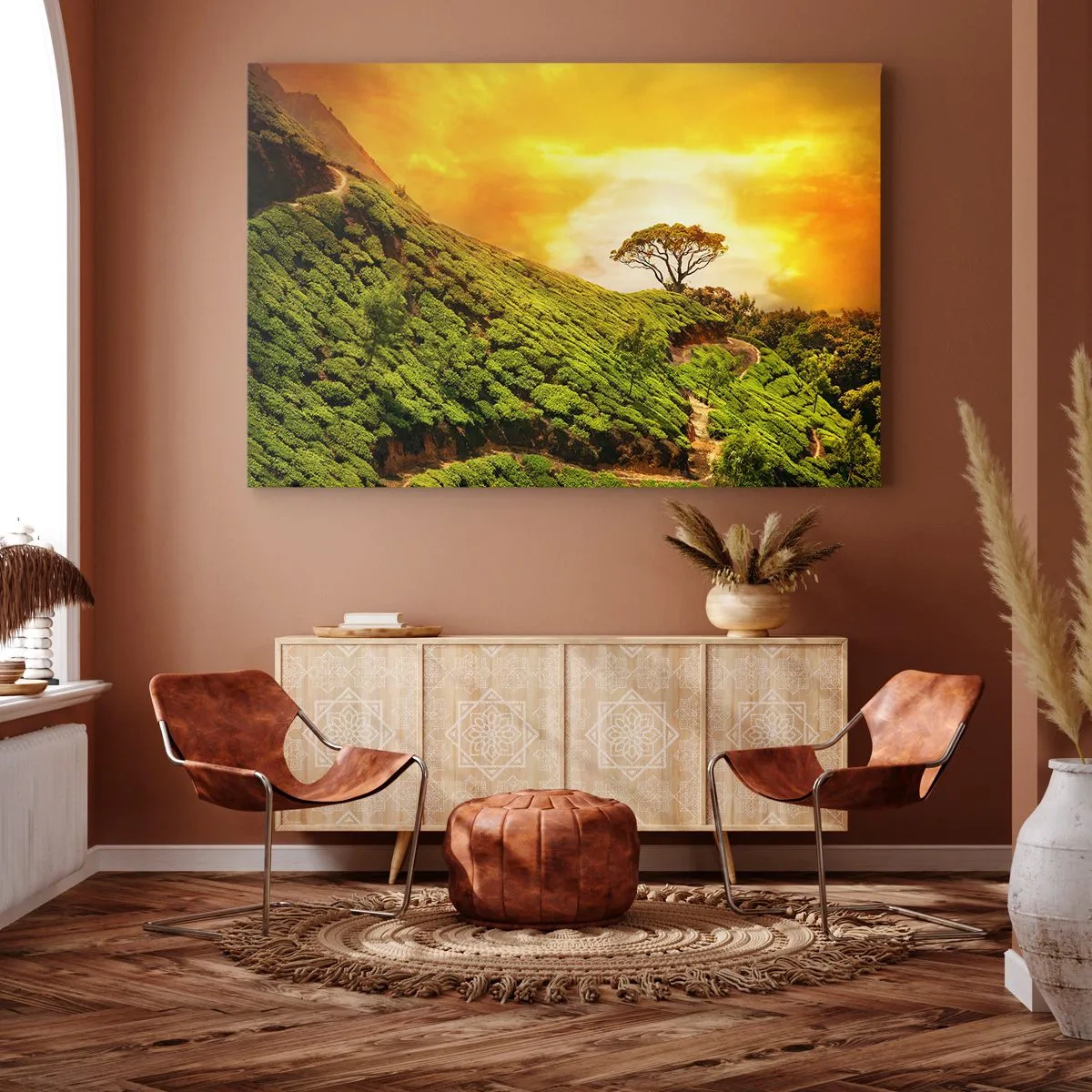 Bild auf Leinwand - Leinwandbild - Grüne Hügel mit Teeplantagen bei Sonnenuntergang - 70x50cm - Ein gewundener Weg, ein grüner Hang - Moderne Wanddekoration für Wohnzimmer und Schlafzimmer ARTTOR