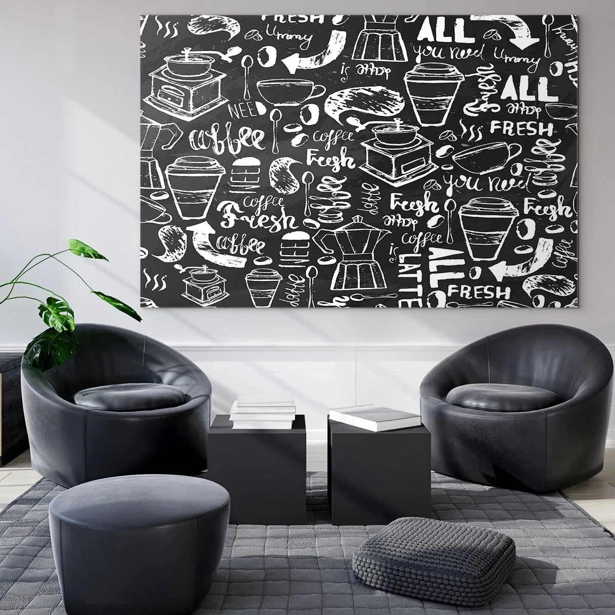 Glasbild - Bild auf glas - Kaffeegrafiken und Schriftzüge auf schwarzem Hintergrund im Retro-Stil - 70x50cm - Alles was Sie brauchen ist… - Moderne Wanddekoration für Wohnzimmer und Schlafzimmer ARTTOR