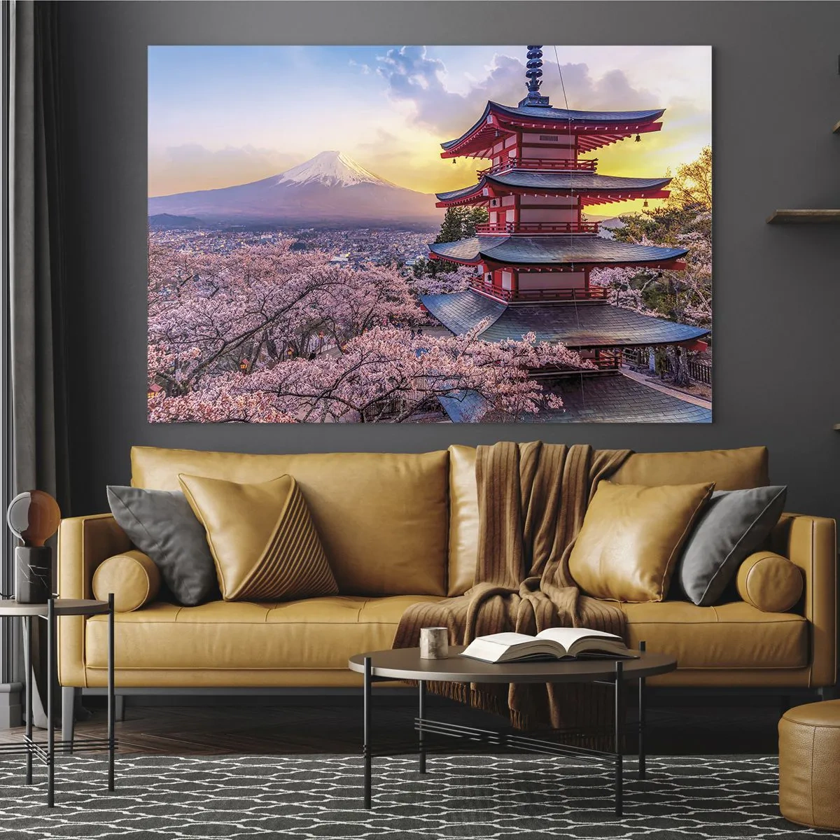 Glasbild - Bild auf glas - Eine Pagode in einer japanischen Landschaft mit Blick auf den Berg Fuji und blühende Bäume - 70x50cm - Die Essenz des japanischen Geistes - Moderne Wanddekoration für Wohnzimmer und Schlafzimmer ARTTOR