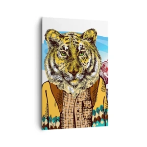 Bild auf Leinwand - Leinwandbild - Ein Tiger im Mantel vor einer Berglandschaft - 80x120cm - Nicht so wild, wie sie ihn zeichnen - Moderne Wanddekoration für Wohnzimmer und Schlafzimmer ARTTOR