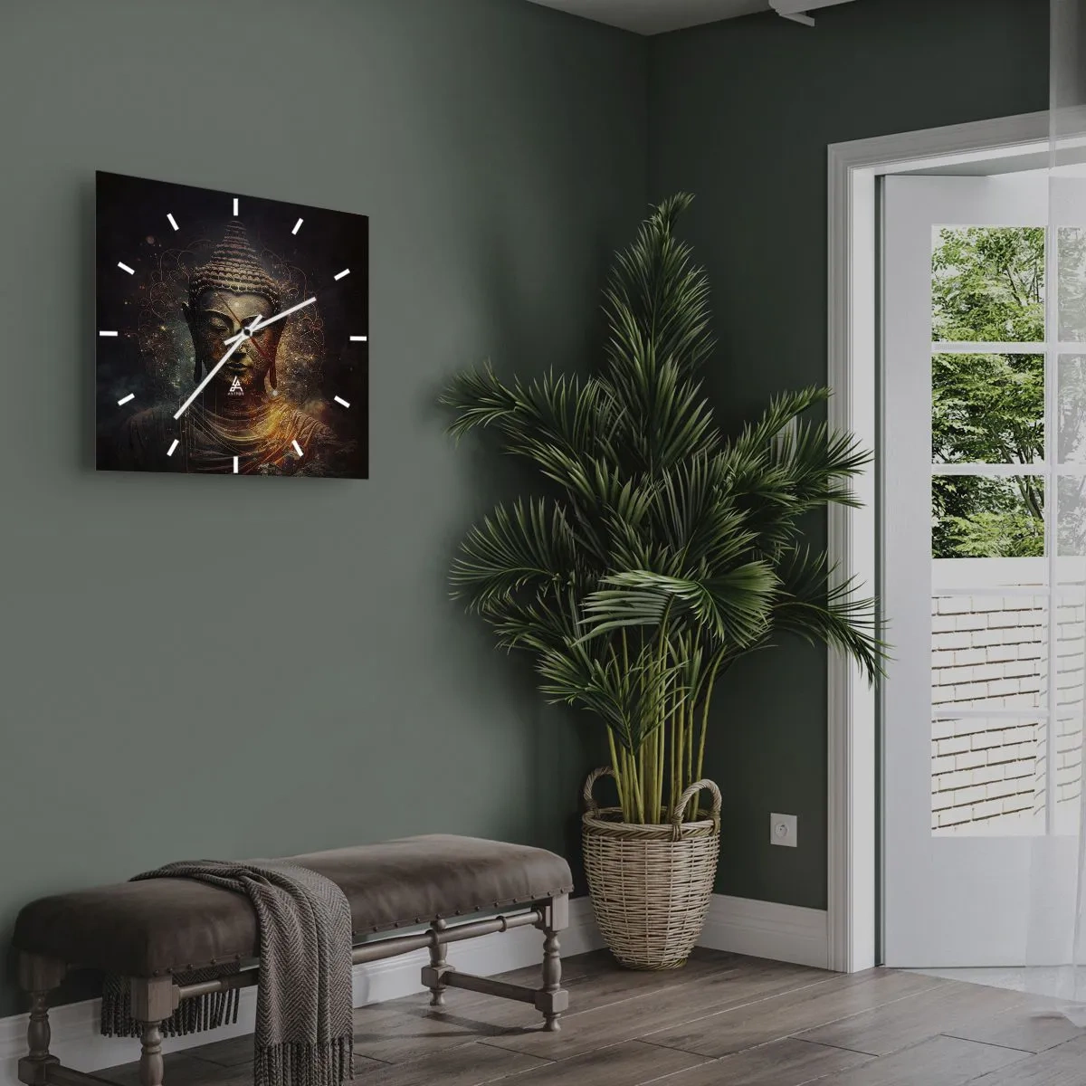 Wanduhr - Glasuhr - Goldener Buddha auf dunklem Hintergrund mit Ornamenten - 30x30cm - Spirituelles Gleichgewicht - Moderne Wanddekoration für Wohnzimmer und Schlafzimmer ARTTOR