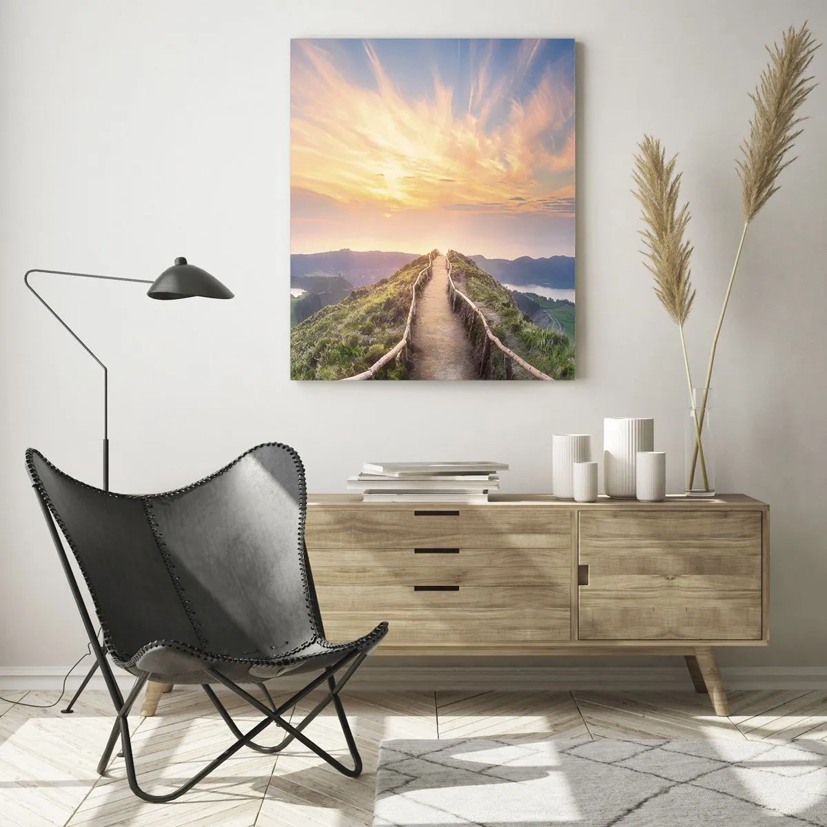 Glasbild - Bild auf glas - Hügelpfad mit Blick auf den Sonnenuntergang - 50x70cm - Nah am Himmel - Moderne Wanddekoration für Wohnzimmer und Schlafzimmer ARTTOR