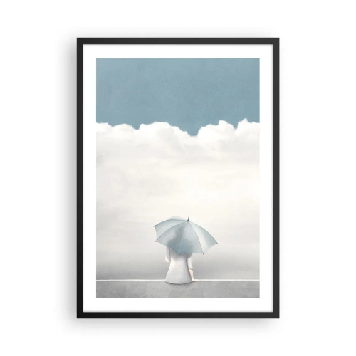 Poster in einem schwarzem Rahmen - Eine Figur mit einem Regenschirm sitzt auf einem Felsvorsprung zwischen den Wolken - 50x70cm - Am Rande der Realität und Träume - Moderne Wanddekoration für Wohnzimmer und Schlafzimmer ARTTOR