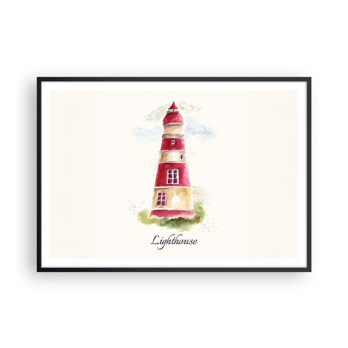Poster in einem schwarzem Rahmen - Ein Aquarell eines Leuchtturms auf hellem Hintergrund mit einer Inschrift - 100x70cm - Das Wetter ringsum ist immer gut - Moderne Wanddekoration für Wohnzimmer und Schlafzimmer ARTTOR