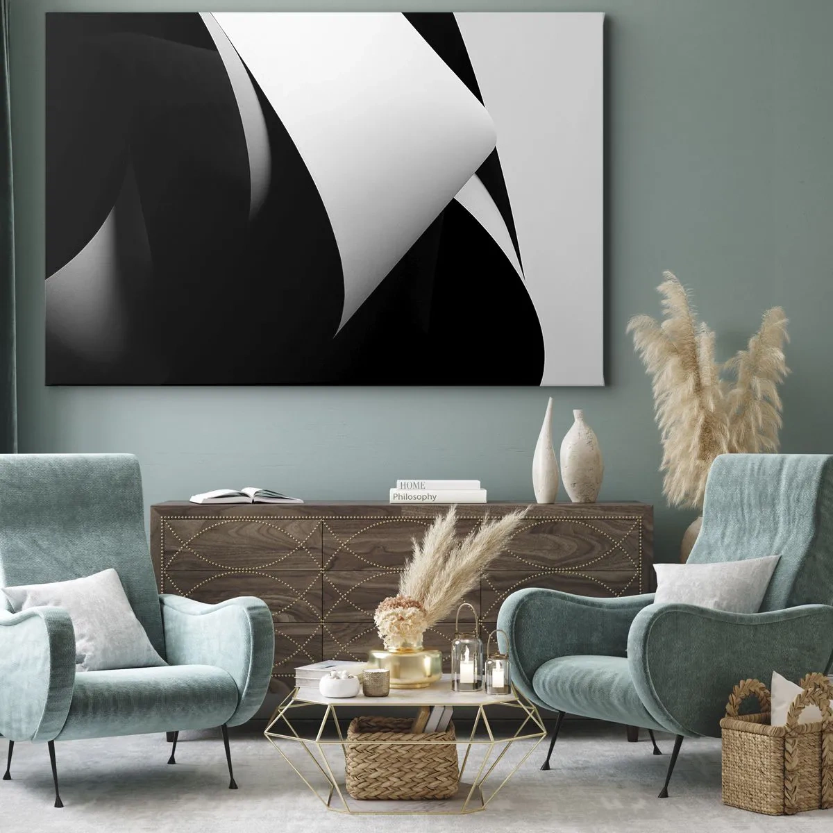 Bild auf Leinwand - Leinwandbild - Abstrakte Formen in Schwarz und Weiß mit auffälligen Kontrasten - 120x80cm - Lichtflächen aus der Schattentiefe - Moderne Wanddekoration für Wohnzimmer und Schlafzimmer ARTTOR
