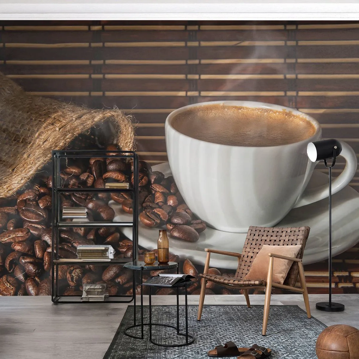 Selbstklebende Fototapete Deluxe Sticker - Die Schwärze von Kohle, die Klarheit von Bernstein - Gastronomie, Kaffee, Tasse Kaffee - 400x280 cm