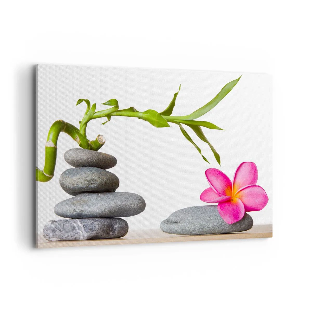 Bild auf Leinwand - Leinwandbild - Bambus und rosa Blume auf Steinen im Zen-Stil - 120x80cm - Farben des Lebens und der Dauer - Moderne Wanddekoration für Wohnzimmer und Schlafzimmer ARTTOR