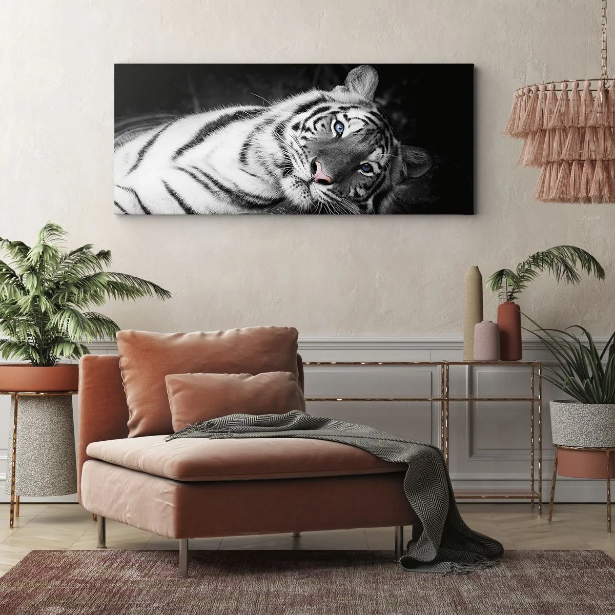 Bild auf Leinwand - Leinwandbild - Ein künstlerisch gestalteter weißer Tiger vor schwarzem Hintergrund - 140x50cm - Wildnis und Frieden - Moderne Wanddekoration für Wohnzimmer und Schlafzimmer ARTTOR