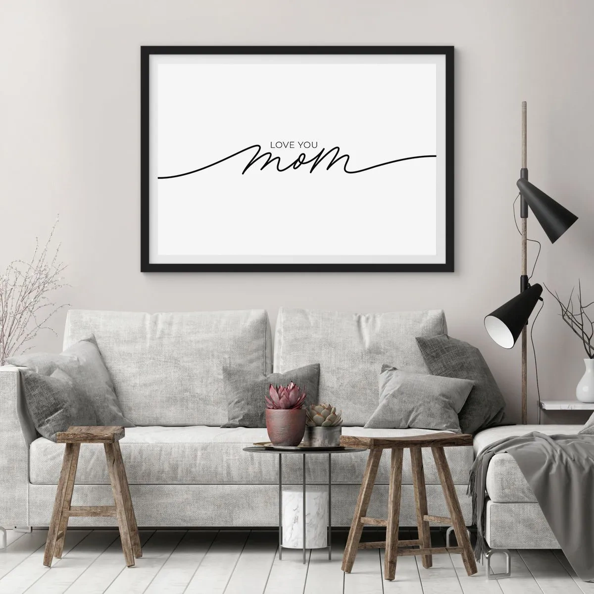 Poster in einem schwarzem Rahmen - Minimalistische Love You Mom-Inschrift auf weißem Hintergrund - 70x50cm - Große Emotionen - Moderne Wanddekoration für Wohnzimmer und Schlafzimmer ARTTOR