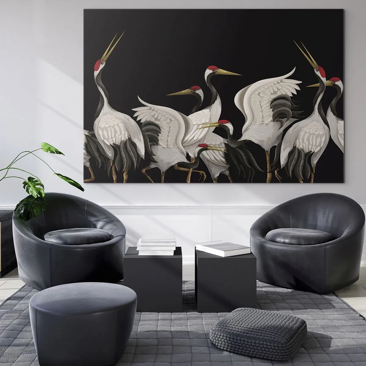 Glasbild - Bild auf glas - Weiße Kraniche mit roten Köpfen auf schwarzem Hintergrund - 70x50cm - Vogelsachen - Moderne Wanddekoration für Wohnzimmer und Schlafzimmer ARTTOR