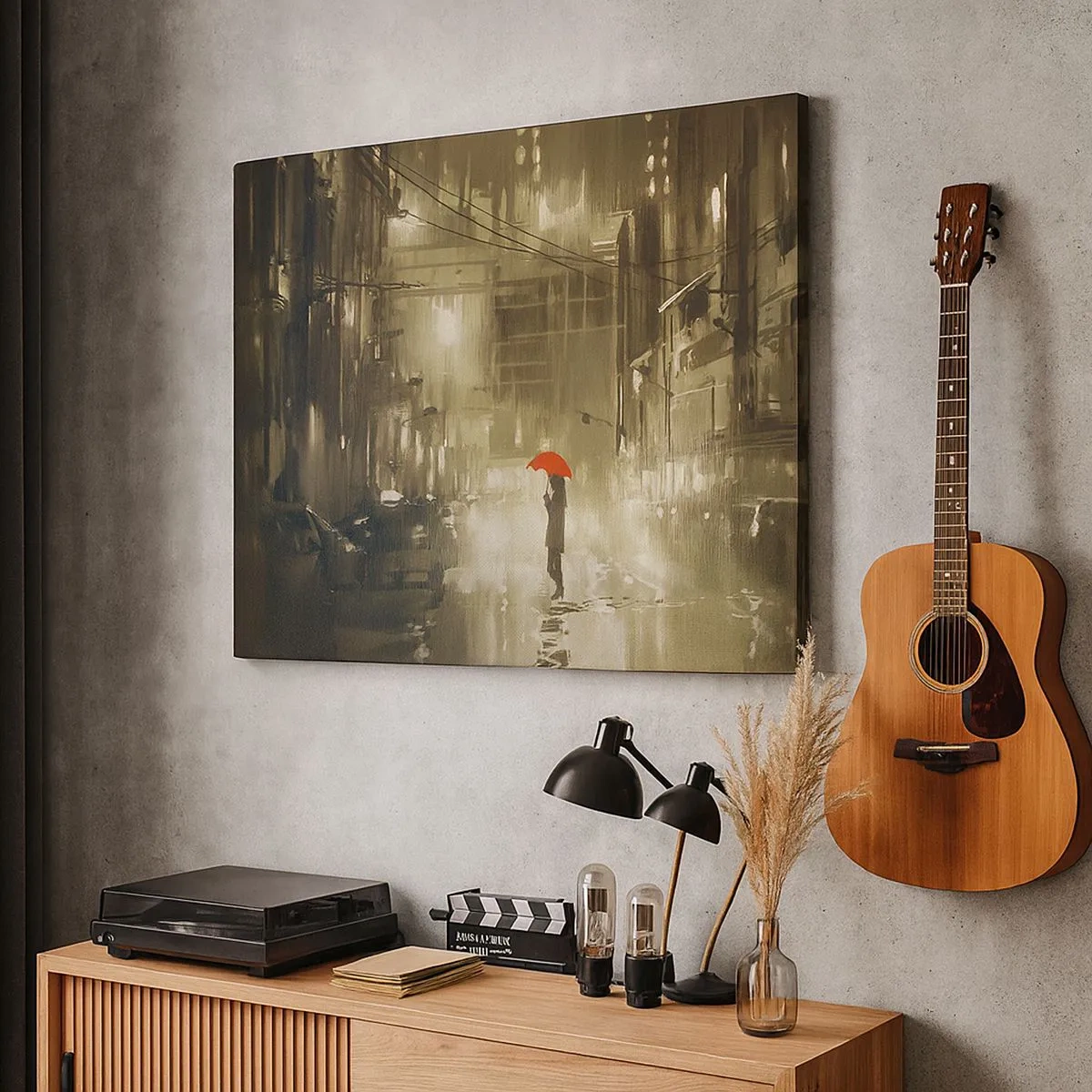 Bild auf Leinwand - Leinwandbild - Eine Figur mit einem roten Regenschirm in einer verregneten Stadt - 70x50cm - Allein aber nicht einsam - Moderne Wanddekoration für Wohnzimmer und Schlafzimmer ARTTOR