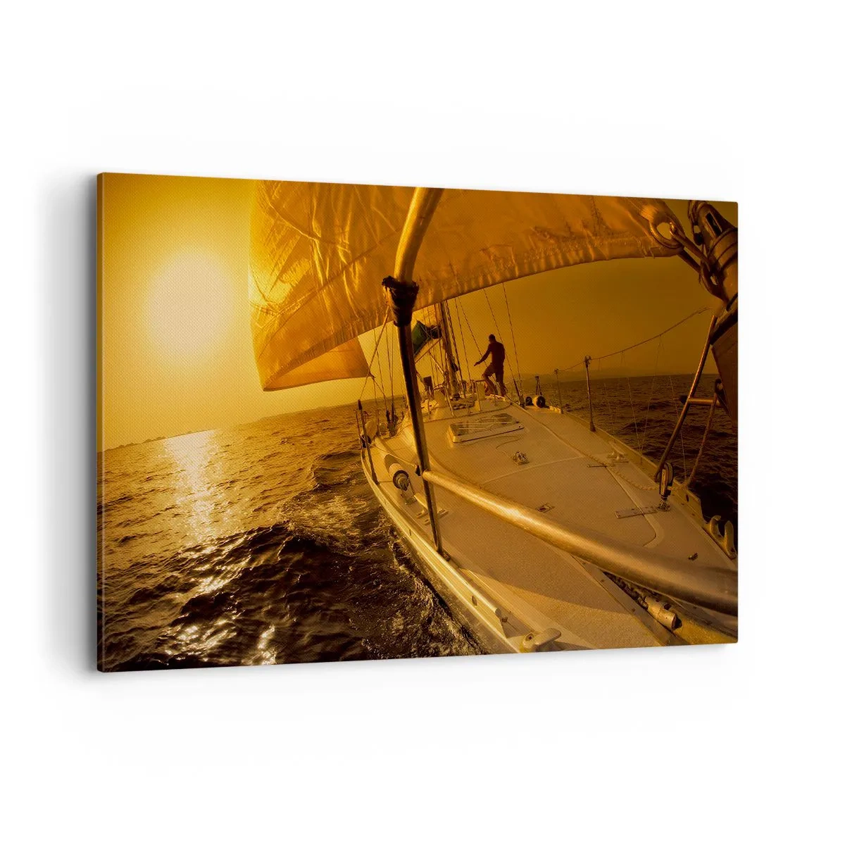Bild auf Leinwand - Leinwandbild - Segelboot auf See bei Sonnenuntergang, goldener Schein. - 120x80cm - Ein goldener Abend nach einem bunten Tag - Moderne Wanddekoration für Wohnzimmer und Schlafzimmer ARTTOR