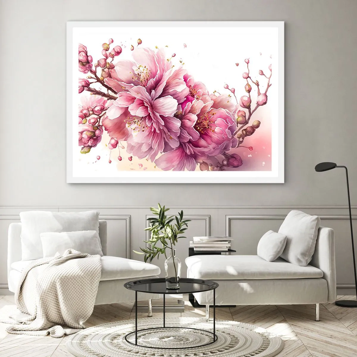 Poster in einem weißen Rahmen - Kirschblütenblüte - 100x70 cm