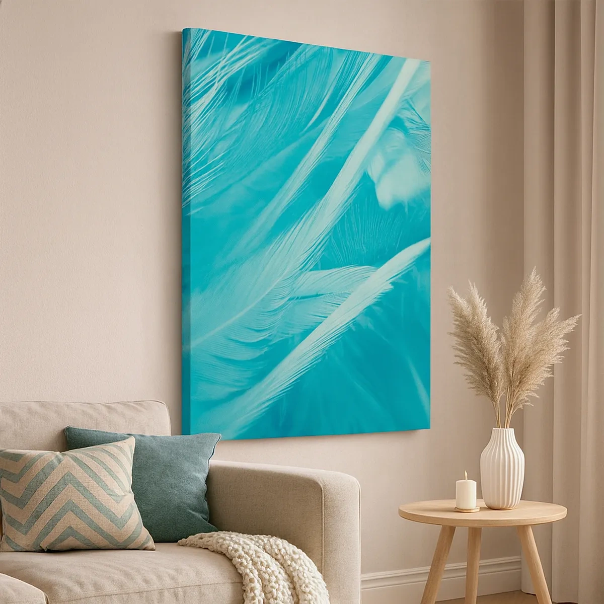 Bild auf Leinwand - Leinwandbild - Zarte türkisfarbene Federn in Nahaufnahme - 50x70cm - In Pulver ertrinken - Moderne Wanddekoration für Wohnzimmer und Schlafzimmer ARTTOR