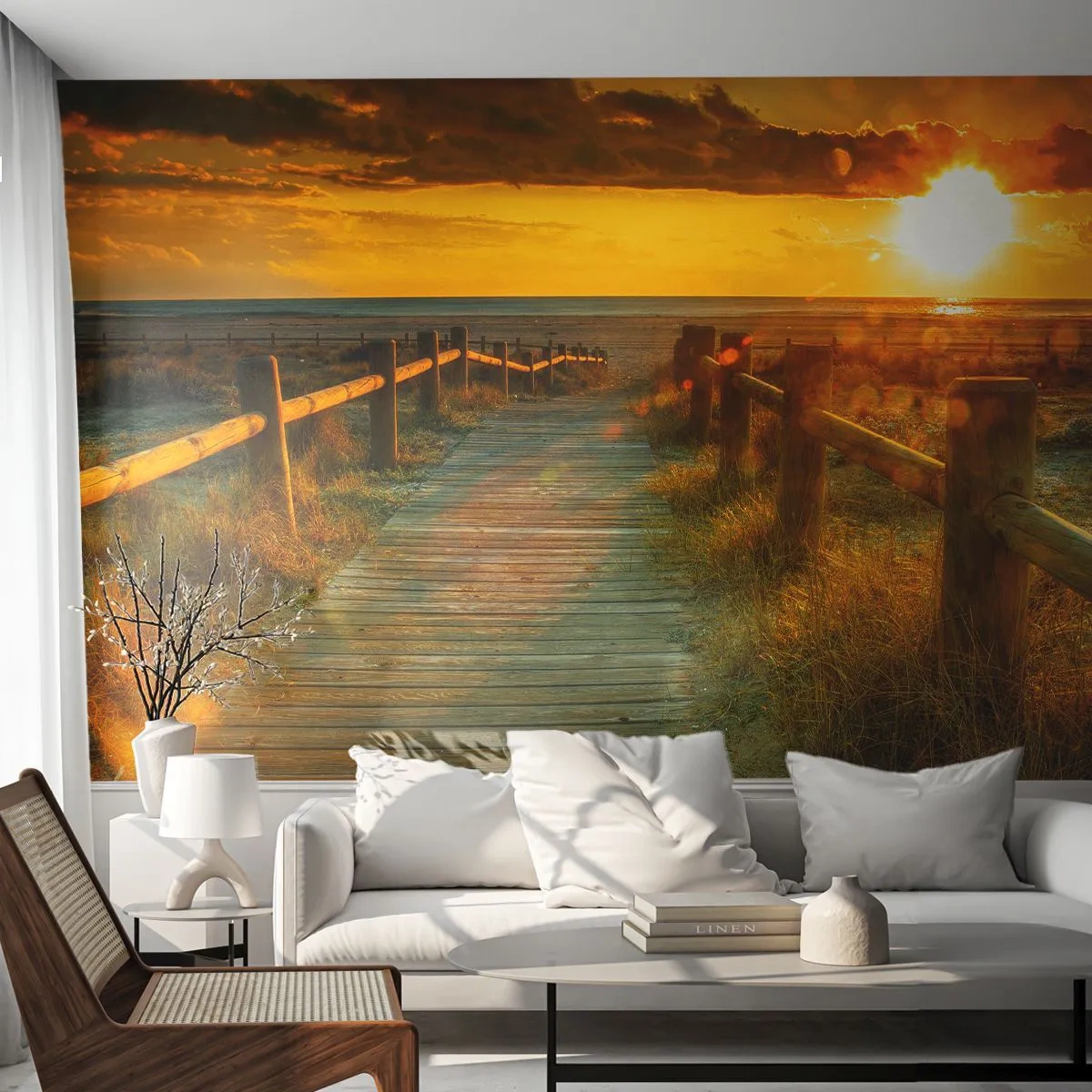 Fototapete Premium Sand - Holzweg am Strand bei Sonnenuntergang - 100x70cm - In altem Gold gebadet - Moderne Wanddekoration für Wohnzimmer und Schlafzimmer ARTTOR