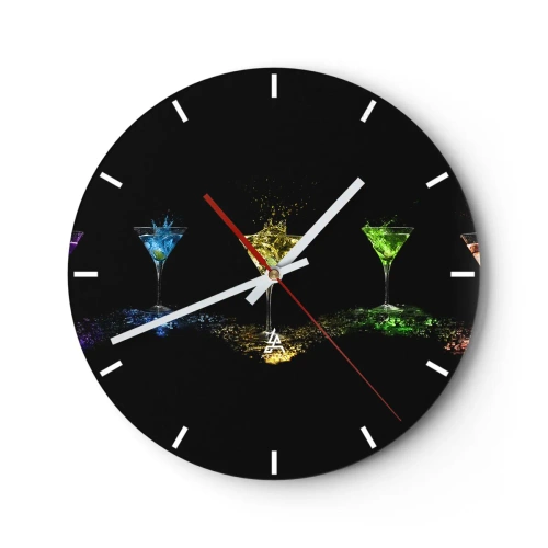 Wanduhr - Glasuhr - Bunte Getränke in Gläsern auf schwarzem Hintergrund - 30x30cm - Farben der Freude in Kristallglas - Moderne Wanddekoration für Wohnzimmer, Küche und Schlafzimmer ARTTOR
