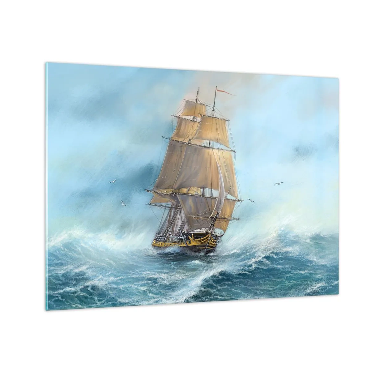 Glasbild - Bild auf glas - Ein Segelschiff auf stürmischer See im malerischen Stil - 70x50cm - Über die Wellen gleiten - Moderne Wanddekoration für Wohnzimmer und Schlafzimmer ARTTOR