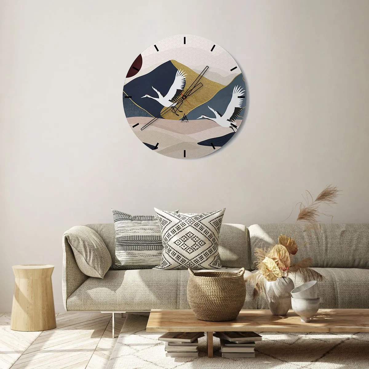 Wanduhr - Glasuhr - Kraniche im Flug vor dem Hintergrund abstrakter Berge und der Sonne - 30x30cm - Es ist wieder ein Tag VERFLOGEN - Moderne Wanddekoration für Wohnzimmer, Küche und Schlafzimmer ARTTOR