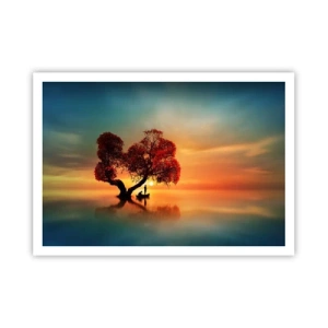 Poster - Ein rotblättriger Baum und ein Boot auf dem Wasser bei Sonnenuntergang - 100x70cm - Oddaysons und die Stille der Weltlosen - Moderne Wanddekoration für Wohnzimmer und Schlafzimmer ARTTOR