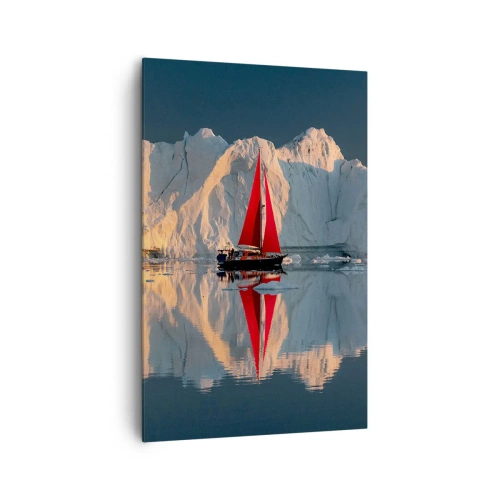 Bild auf Leinwand - Leinwandbild - Ein Segelboot mit rotem Segel vor der Kulisse eines Gletschers - 80x120cm - Am Rande der Welt - Moderne Wanddekoration für Wohnzimmer und Schlafzimmer ARTTOR