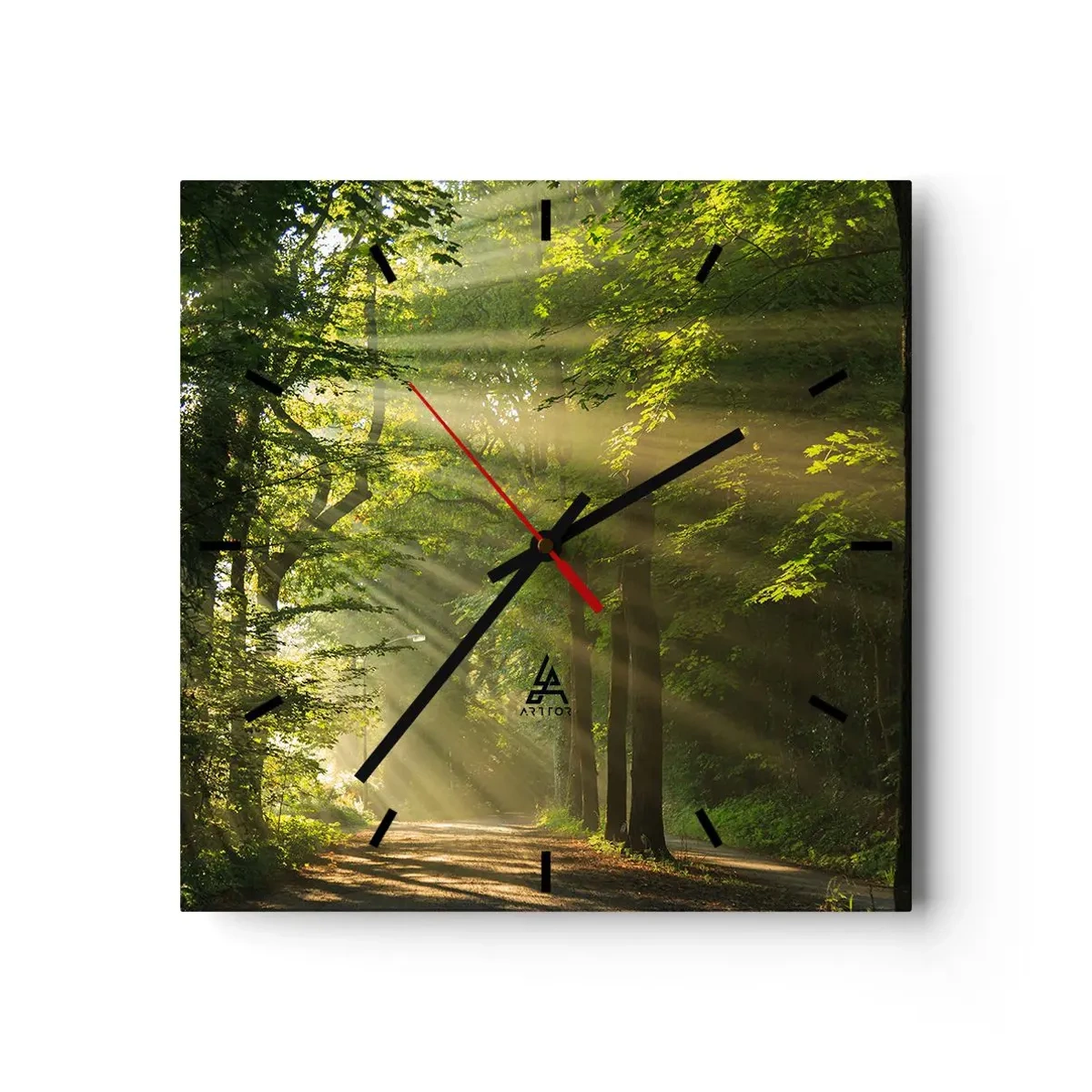 Wanduhr - Glasuhr - Waldweg mit Sonnenstrahlen, die durch die Bäume scheinen - 30x30cm - Waldmoment - Moderne Wanddekoration für Wohnzimmer und Schlafzimmer ARTTOR