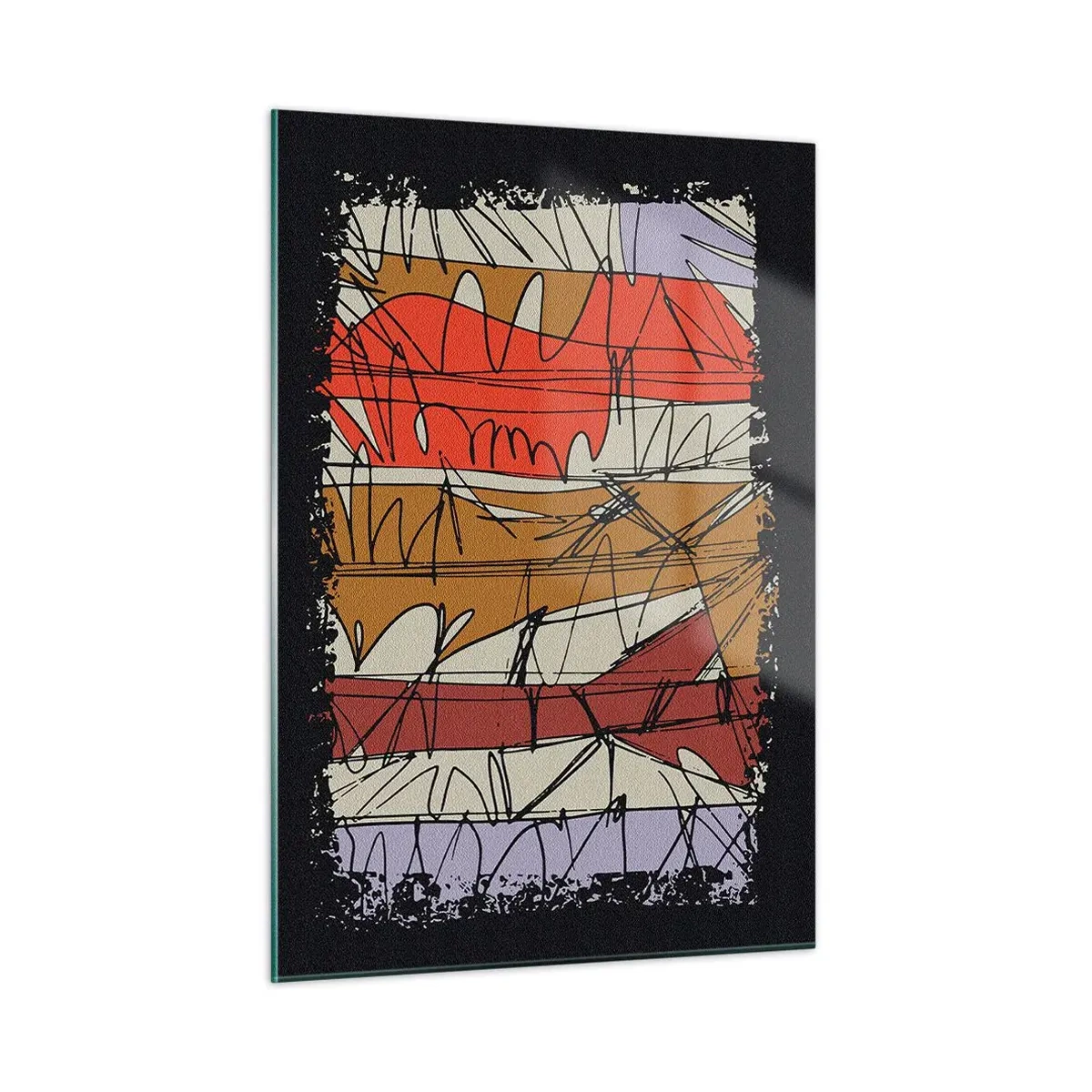 Glasbild - Bild auf glas - Grafische Abstraktion mit farbigen Streifen und schwarzen Linien - 50x70cm - Spontane Komposition - Moderne Wanddekoration für Wohnzimmer und Schlafzimmer ARTTOR