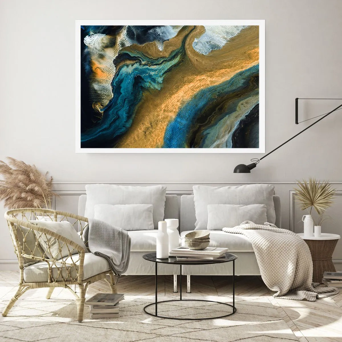 Poster - Abstrakte Wellen in Gold- und Blautönen - 100x70cm - Blau - Gelb - gegenseitige Beeinflussung - Moderne Wanddekoration für Wohnzimmer und Schlafzimmer ARTTOR