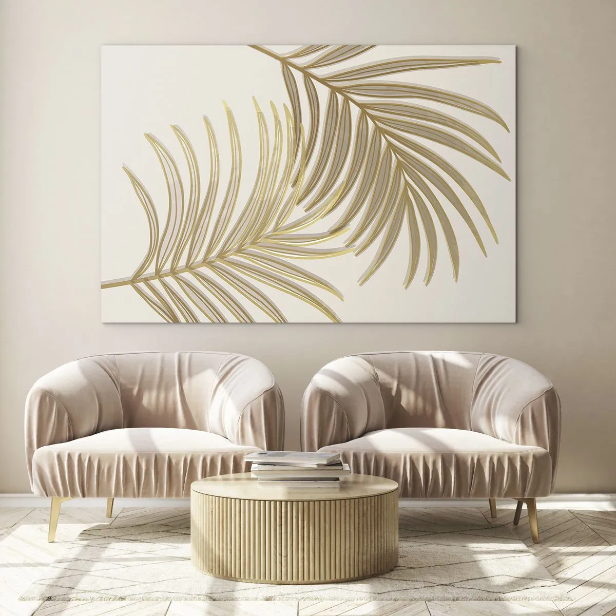 Glasbild - Bild auf glas - Goldene Palmblätter auf hellem Hintergrund - 120x80cm - Goldene Palme! - Moderne Wanddekoration für Wohnzimmer und Schlafzimmer ARTTOR