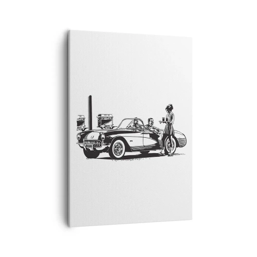 Bild auf Leinwand - Leinwandbild - Eine schwarz-weiße Retro-Szene mit einem Auto und einer Kellnerin auf Rollschuhen. - 50x70cm - 60. - unbeschwertes Amerika - Moderne Wanddekoration für Wohnzimmer und Schlafzimmer ARTTOR