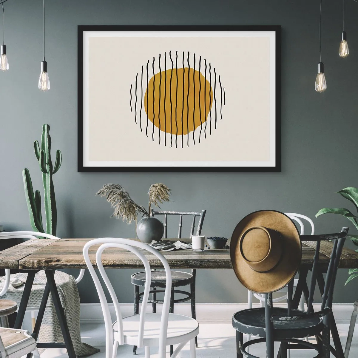 Poster in einem schwarzem Rahmen - Ein minimalistisches Motiv mit einem gelben Kreis und schwarzen Linien. - 70x50cm - Abstraktion, die vor Hitze zittert - Moderne Wanddekoration für Wohnzimmer und Schlafzimmer ARTTOR