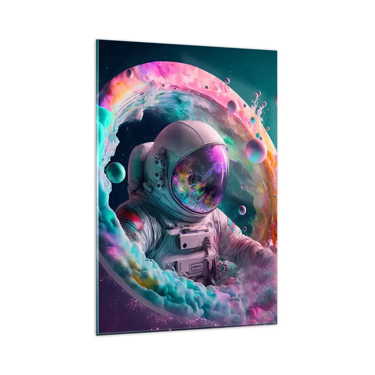 Glasbild - Bild auf glas - Astronaut in einer farbenfrohen kosmischen Aura - 80x120cm - Sternentor - Moderne Wanddekoration für Wohnzimmer und Schlafzimmer ARTTOR