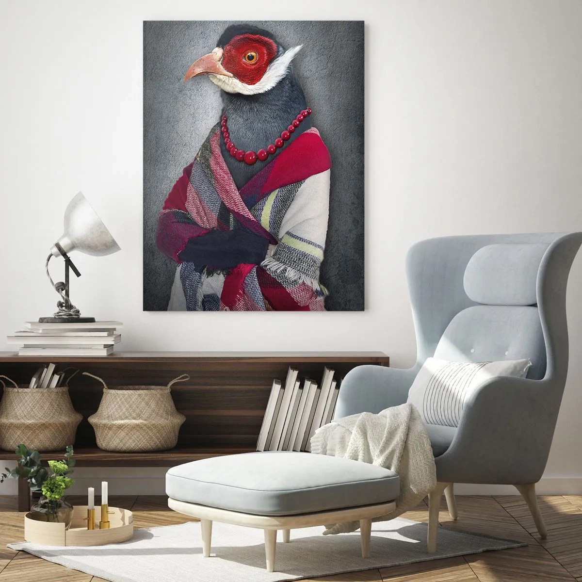 Glasbild - Bild auf glas - Drei Tiere in eleganter Kleidung auf stilisiertem Hintergrund - 50x70cm - Was mache ich hier?! - Moderne Wanddekoration für Wohnzimmer und Schlafzimmer ARTTOR