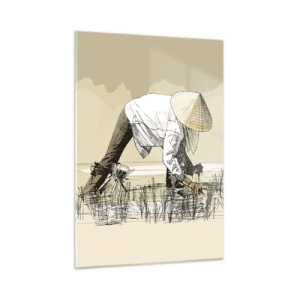 Glasbild - Bild auf glas - Eine minimalistische Illustration von Bauern bei der Arbeit - 50x70cm - Erfolgreiche Ernte - Moderne Wanddekoration für Wohnzimmer und Schlafzimmer ARTTOR