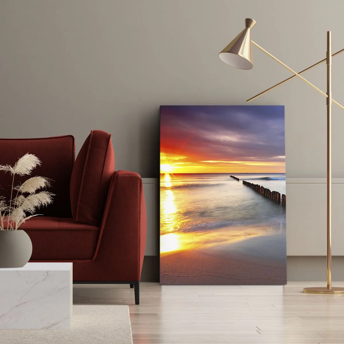 Bild auf Leinwand - Leinwandbild - Sonnenuntergang über dem Meer mit einem Wellenbrecher im Vordergrund - 50x70cm - Lausche der Stille - Moderne Wanddekoration für Wohnzimmer und Schlafzimmer ARTTOR