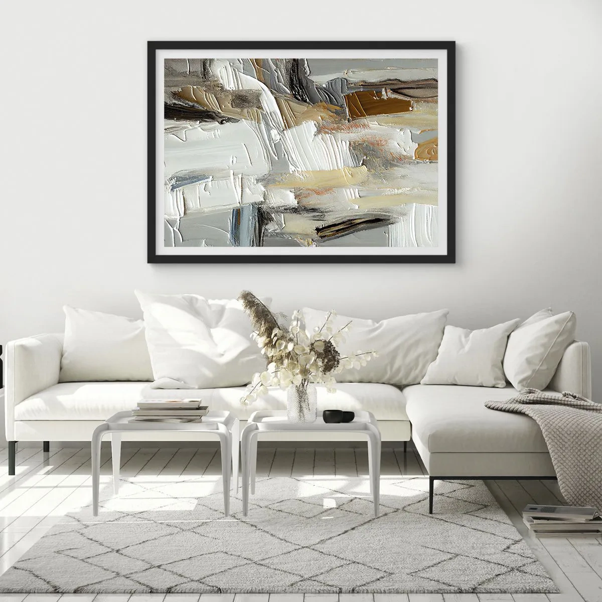 Poster in einem schwarzem Rahmen - Texturale Abstraktion in Erdtönen und Weiß - 100x70cm - Bunte Schichten - Moderne Wanddekoration für Wohnzimmer und Schlafzimmer ARTTOR